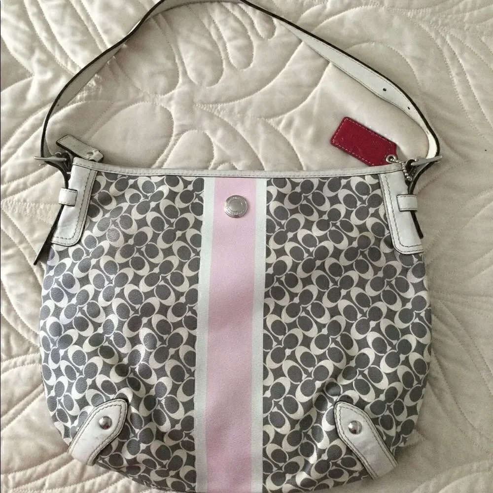 Coach bag, pink, gray, logo and stripe